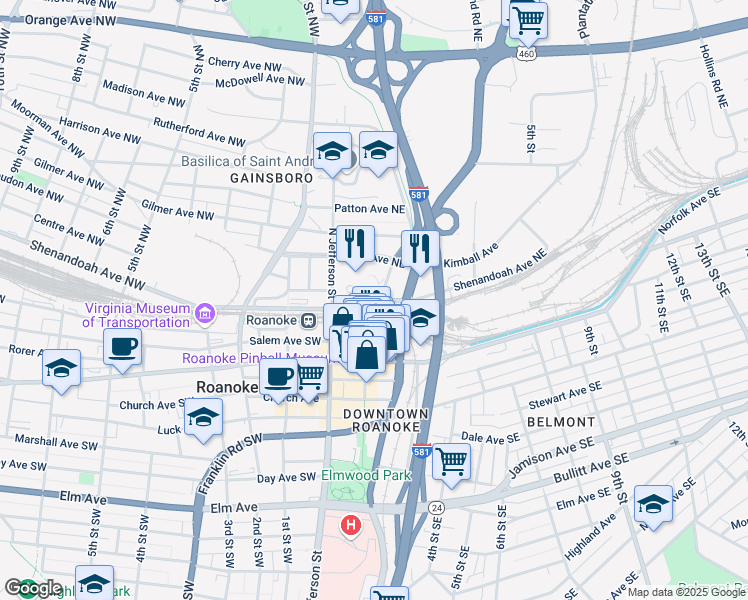 map of restaurants, bars, coffee shops, grocery stores, and more near 110 Shenandoah Avenue Northwest in Roanoke