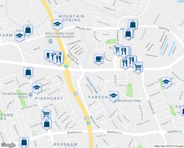 map of restaurants, bars, coffee shops, grocery stores, and more near 633 Yolo Court in San Jose