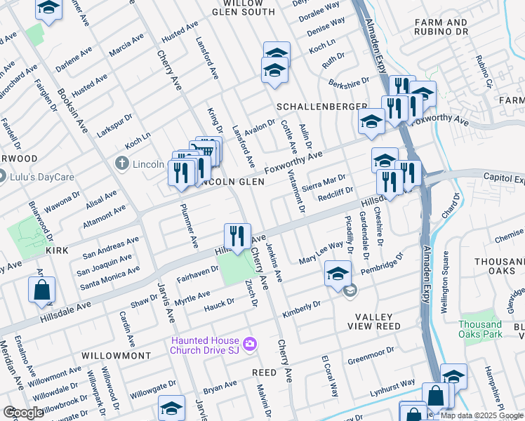 map of restaurants, bars, coffee shops, grocery stores, and more near 3118 Jenkins Avenue in San Jose
