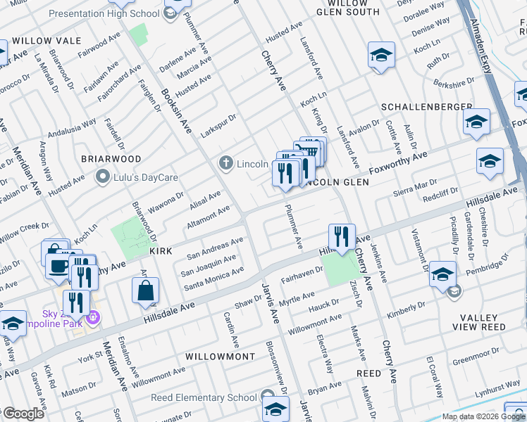 map of restaurants, bars, coffee shops, grocery stores, and more near 1477 Jeffery Avenue in San Jose