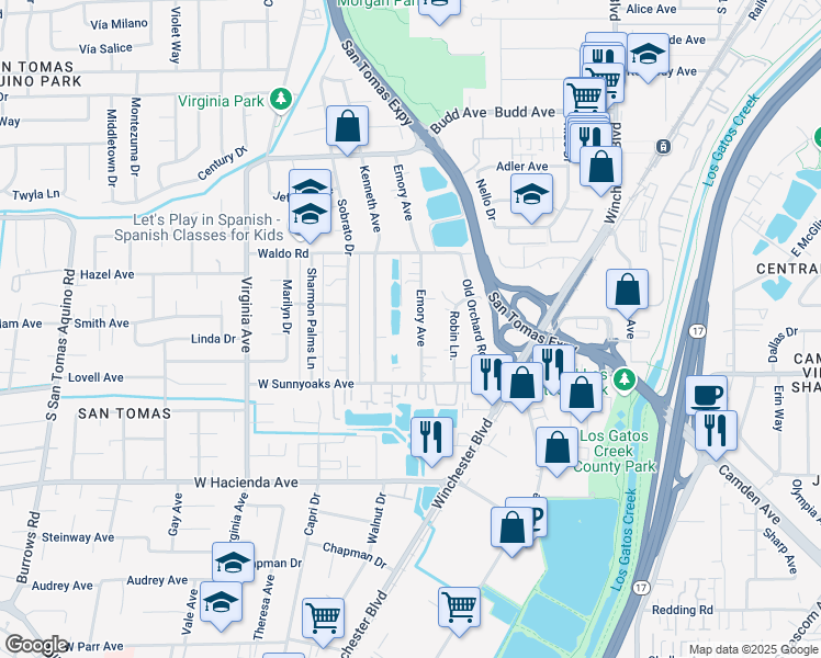 map of restaurants, bars, coffee shops, grocery stores, and more near 927 Emory Avenue in Campbell