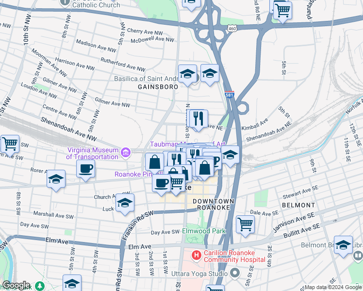 map of restaurants, bars, coffee shops, grocery stores, and more near 8 North Jefferson Street in Roanoke