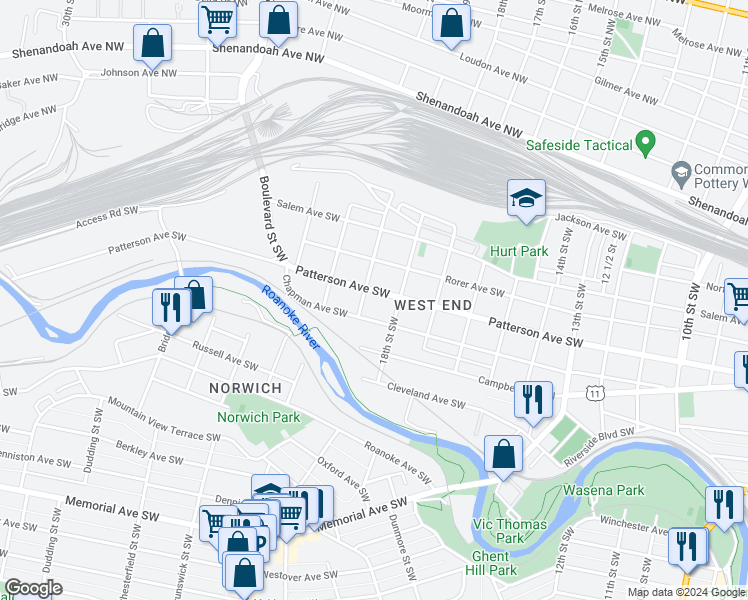 map of restaurants, bars, coffee shops, grocery stores, and more near 1825 Chapman Avenue Southwest in Roanoke
