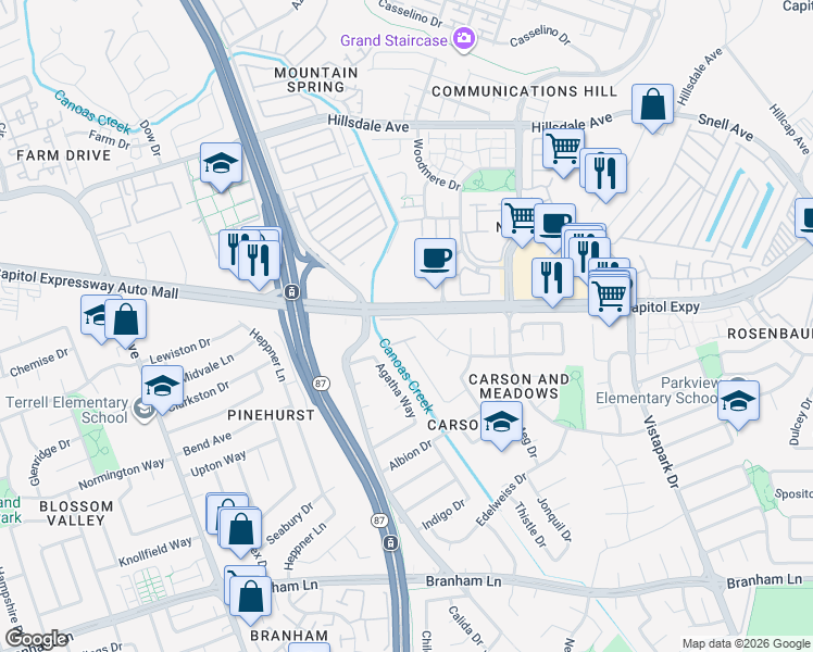 map of restaurants, bars, coffee shops, grocery stores, and more near 666 Lanfair Drive in San Jose