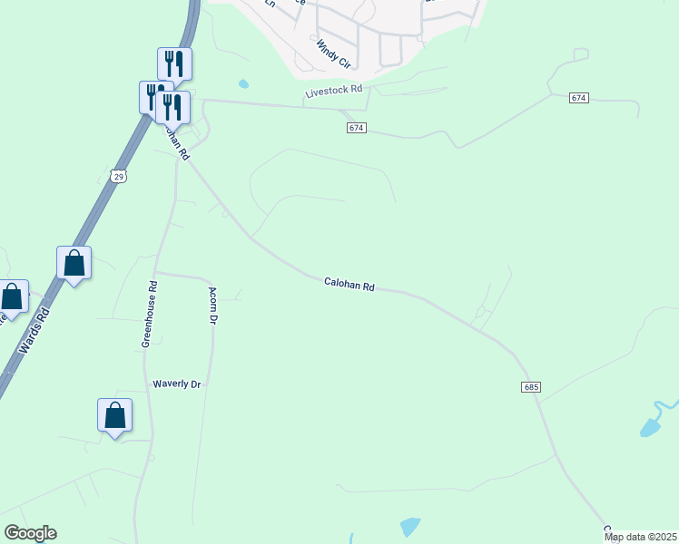 map of restaurants, bars, coffee shops, grocery stores, and more near 1169 Calohan Road in Rustburg