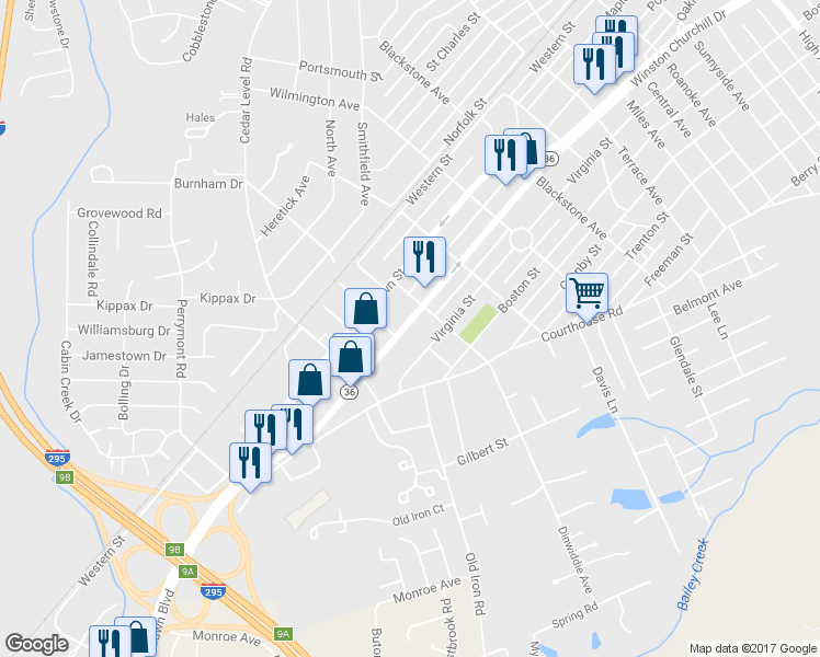 map of restaurants, bars, coffee shops, grocery stores, and more near 3608 Oaklawn Boulevard in Hopewell
