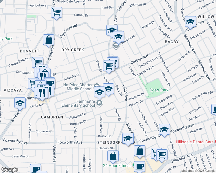 map of restaurants, bars, coffee shops, grocery stores, and more near 2637 Coit Drive in San Jose