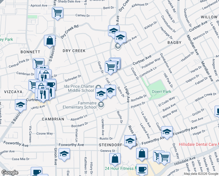 map of restaurants, bars, coffee shops, grocery stores, and more near 2637 Coit Drive in San Jose