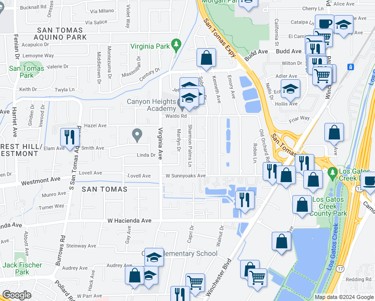 map of restaurants, bars, coffee shops, grocery stores, and more near 883 Sharmon Palms Lane in Campbell