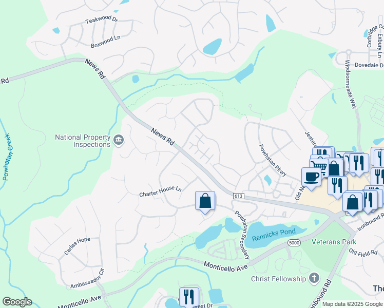 map of restaurants, bars, coffee shops, grocery stores, and more near 4508 Basswood Way in Williamsburg