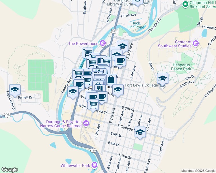 map of restaurants, bars, coffee shops, grocery stores, and more near in Durango