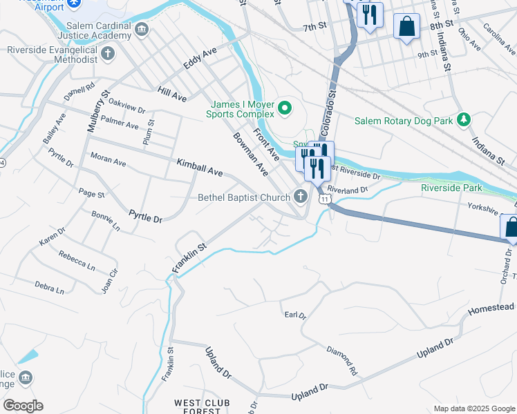 map of restaurants, bars, coffee shops, grocery stores, and more near 2212 Franklin Street in Salem