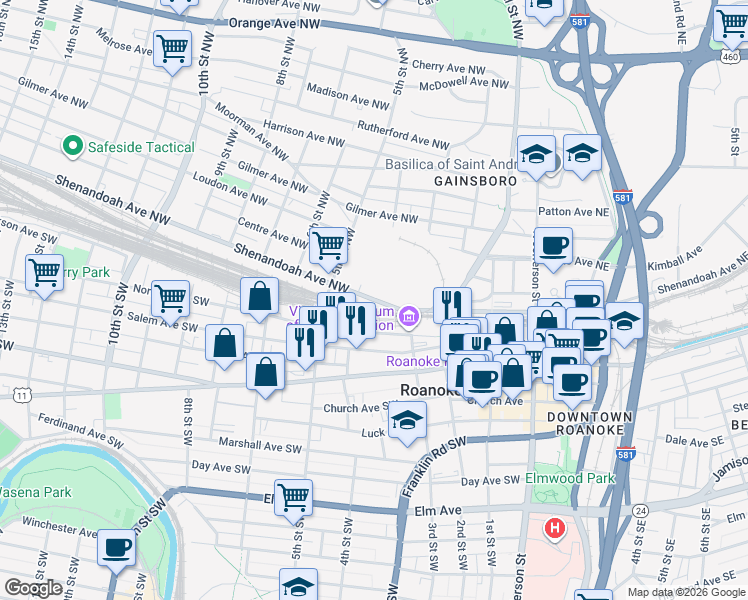 map of restaurants, bars, coffee shops, grocery stores, and more near 200 Shenandoah Avenue Northwest in Roanoke