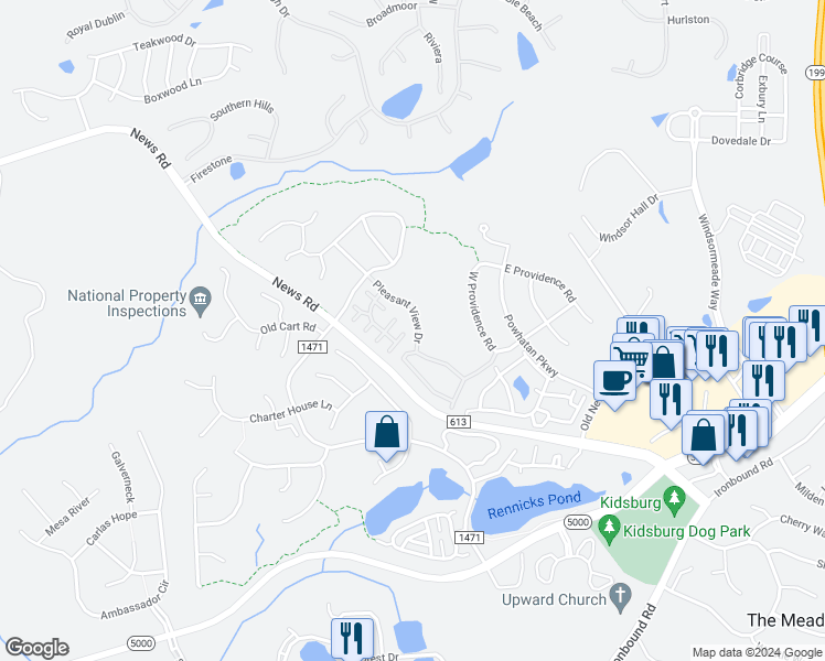 map of restaurants, bars, coffee shops, grocery stores, and more near 4492 Pleasant View Drive in Williamsburg