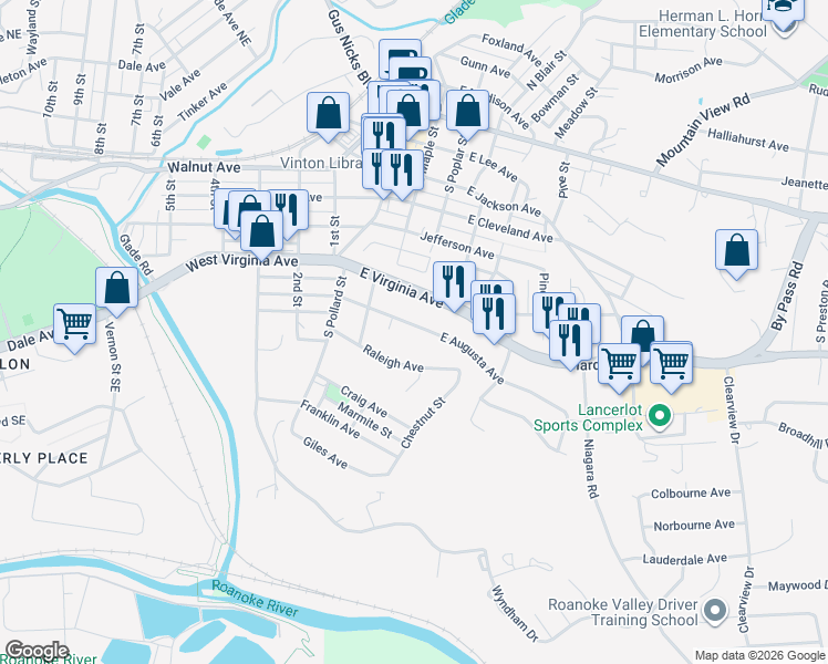 map of restaurants, bars, coffee shops, grocery stores, and more near 316 Raleigh Avenue in Vinton