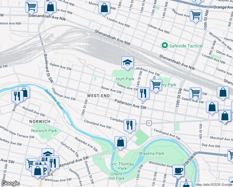 map of restaurants, bars, coffee shops, grocery stores, and more near 1509 Patterson Avenue Southwest in Roanoke