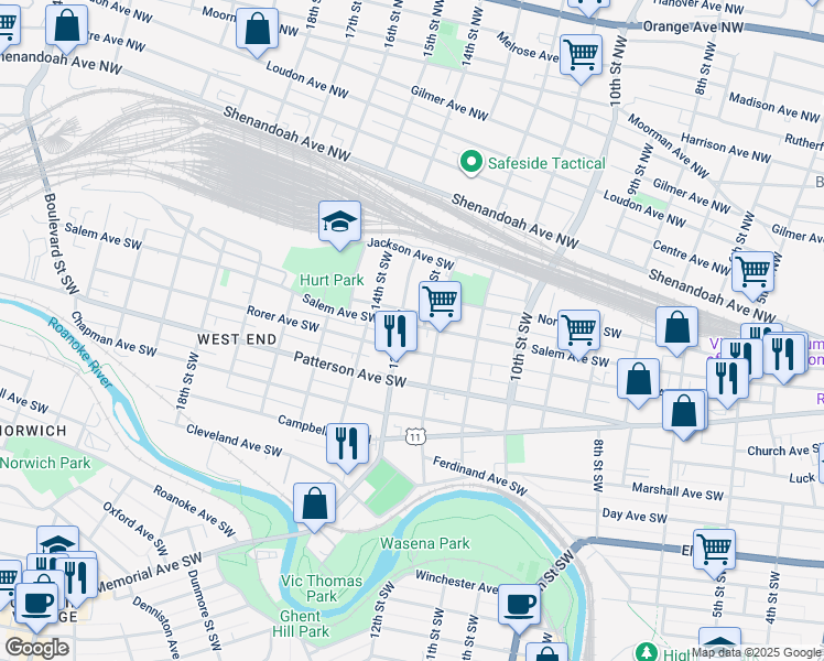 map of restaurants, bars, coffee shops, grocery stores, and more near 1222 Salem Avenue Southwest in Roanoke