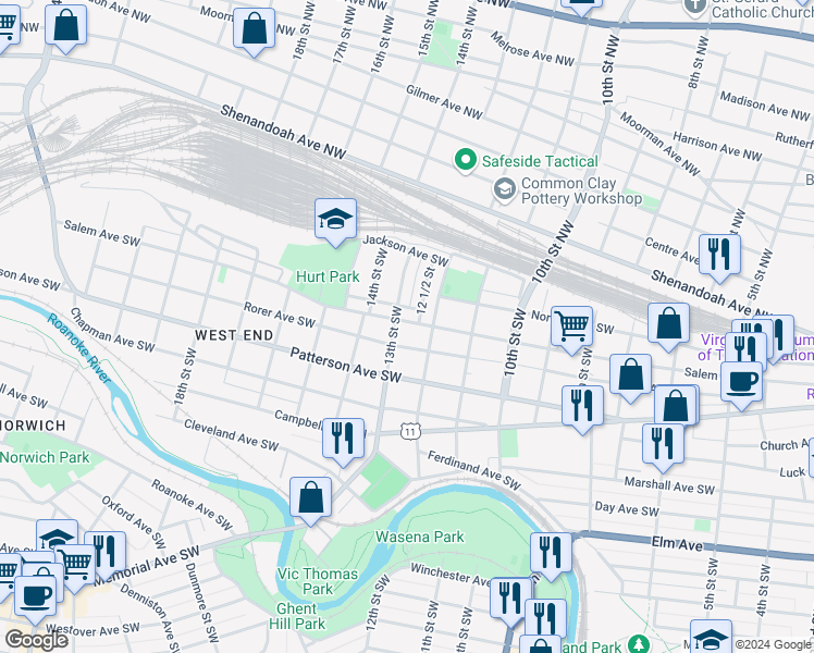 map of restaurants, bars, coffee shops, grocery stores, and more near 1222 Salem Avenue Southwest in Roanoke