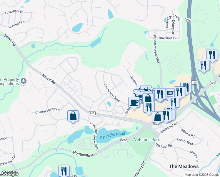 map of restaurants, bars, coffee shops, grocery stores, and more near 3904 W Providence Rd in Williamsburg