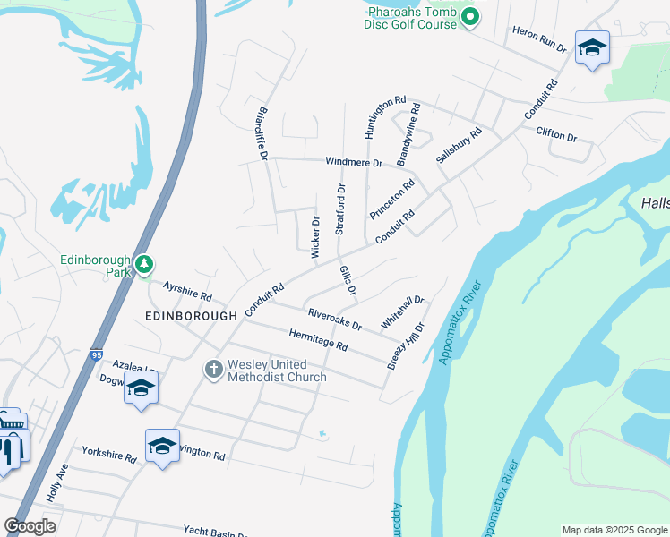 map of restaurants, bars, coffee shops, grocery stores, and more near 4517 Conduit Road in Colonial Heights