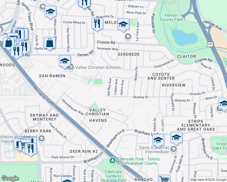 map of restaurants, bars, coffee shops, grocery stores, and more near 4535 Lobos Avenue in San Jose