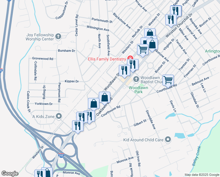 map of restaurants, bars, coffee shops, grocery stores, and more near 3707 Oaklawn Boulevard in Hopewell