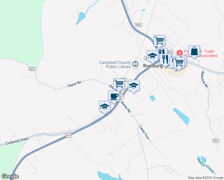 map of restaurants, bars, coffee shops, grocery stores, and more near 94 Depot Road in Rustburg