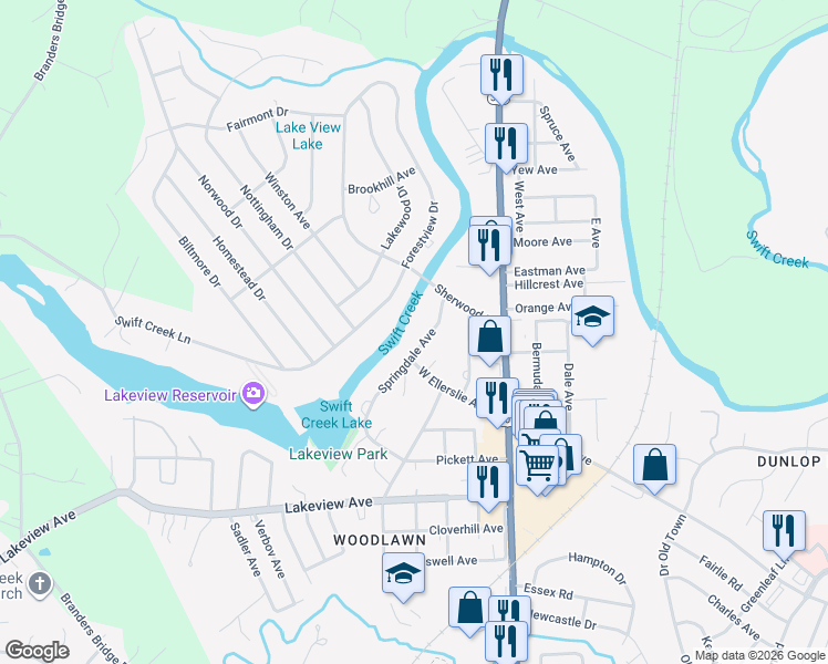 map of restaurants, bars, coffee shops, grocery stores, and more near 418 Springdale Avenue in Colonial Heights