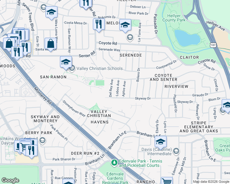 map of restaurants, bars, coffee shops, grocery stores, and more near 4535 Lobos Avenue in San Jose