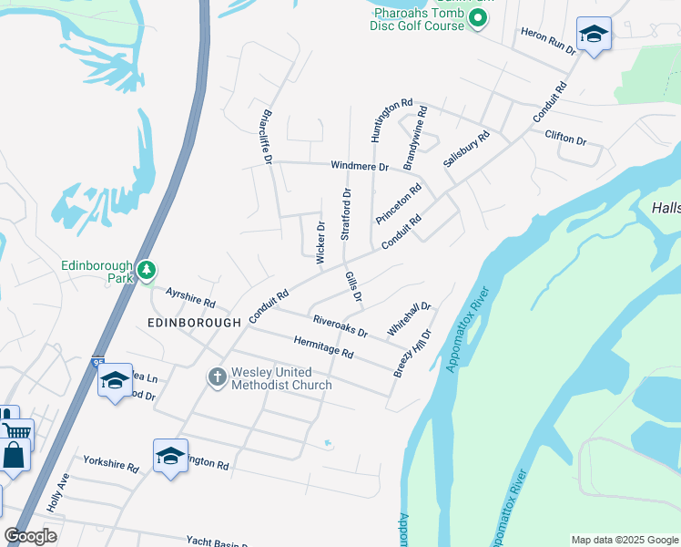 map of restaurants, bars, coffee shops, grocery stores, and more near 4517 Conduit Road in Colonial Heights