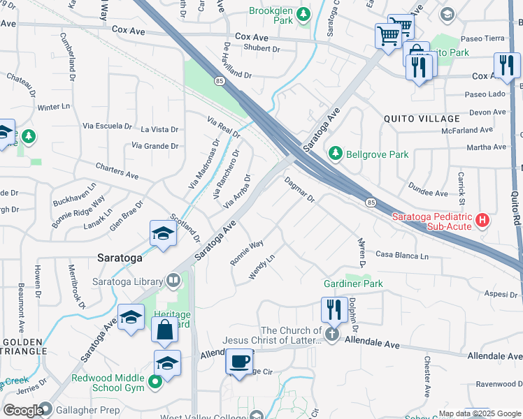 map of restaurants, bars, coffee shops, grocery stores, and more near 19349 Portos Court in Saratoga