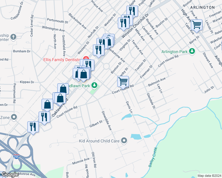 map of restaurants, bars, coffee shops, grocery stores, and more near 3422 Granby Street in Hopewell