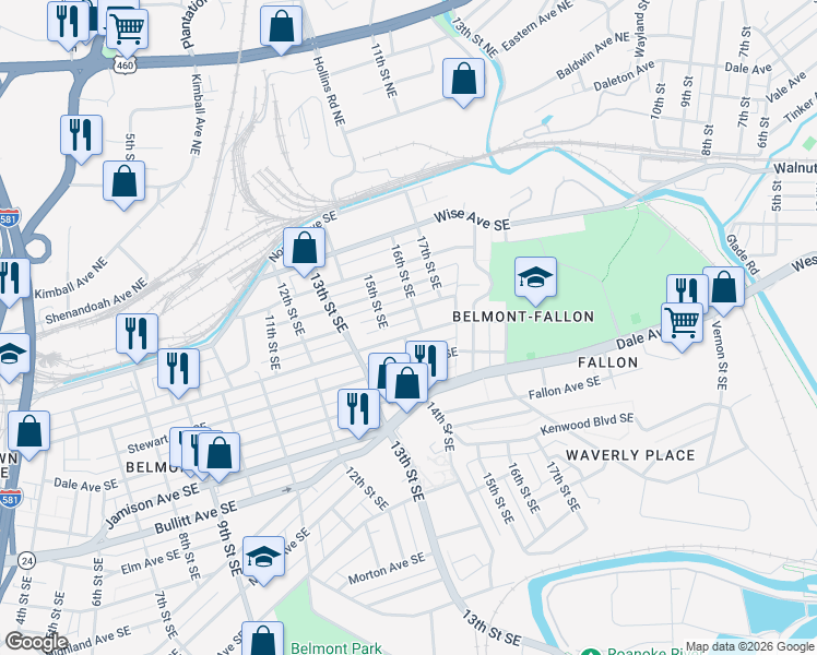 map of restaurants, bars, coffee shops, grocery stores, and more near 1319 Tazewell Avenue Southeast in Roanoke