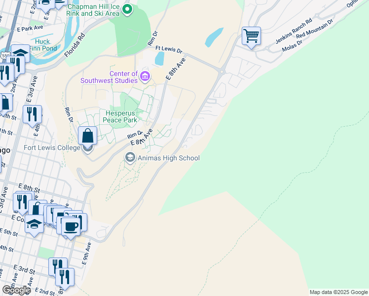 map of restaurants, bars, coffee shops, grocery stores, and more near 766-770 County Road 238 in Durango