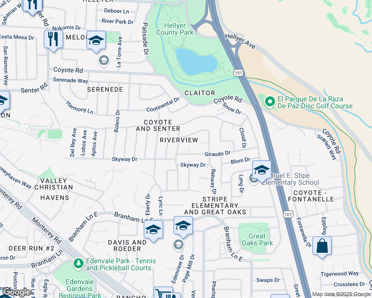 map of restaurants, bars, coffee shops, grocery stores, and more near 560 Giraudo Drive in San Jose