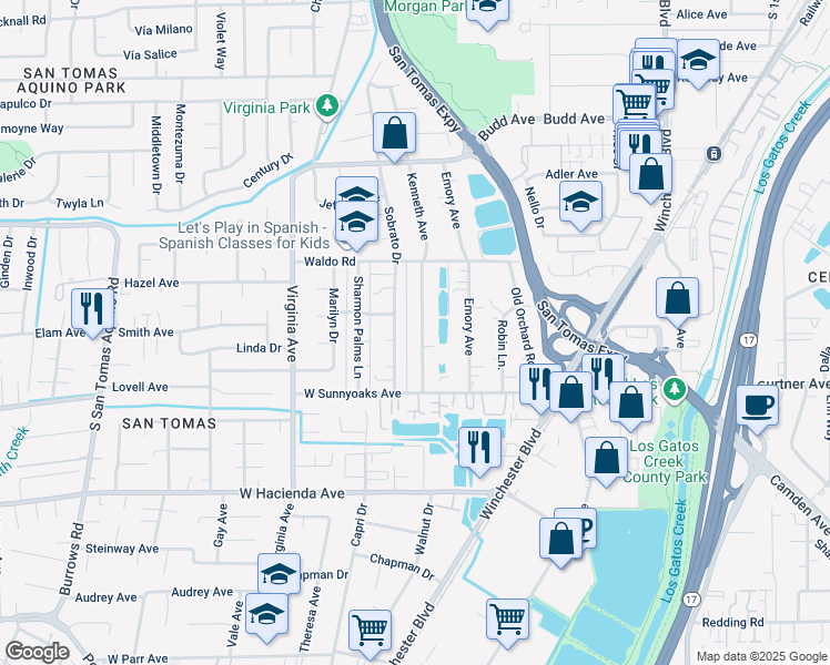 map of restaurants, bars, coffee shops, grocery stores, and more near 924 Kenneth Avenue in Campbell