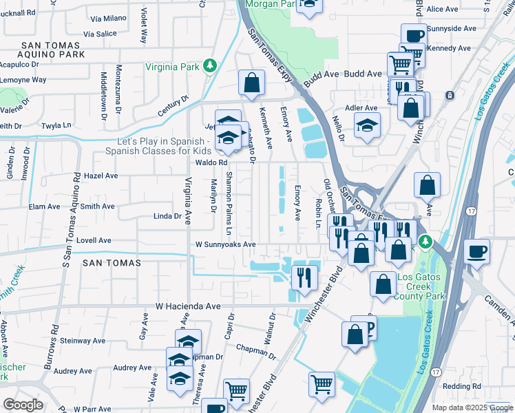 map of restaurants, bars, coffee shops, grocery stores, and more near 604 Beta Court in Campbell