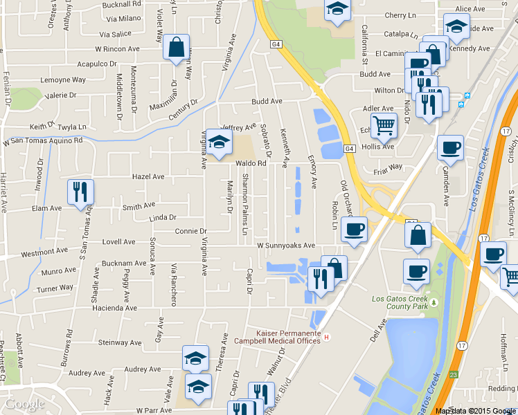 map of restaurants, bars, coffee shops, grocery stores, and more near 604 Beta Court in Campbell
