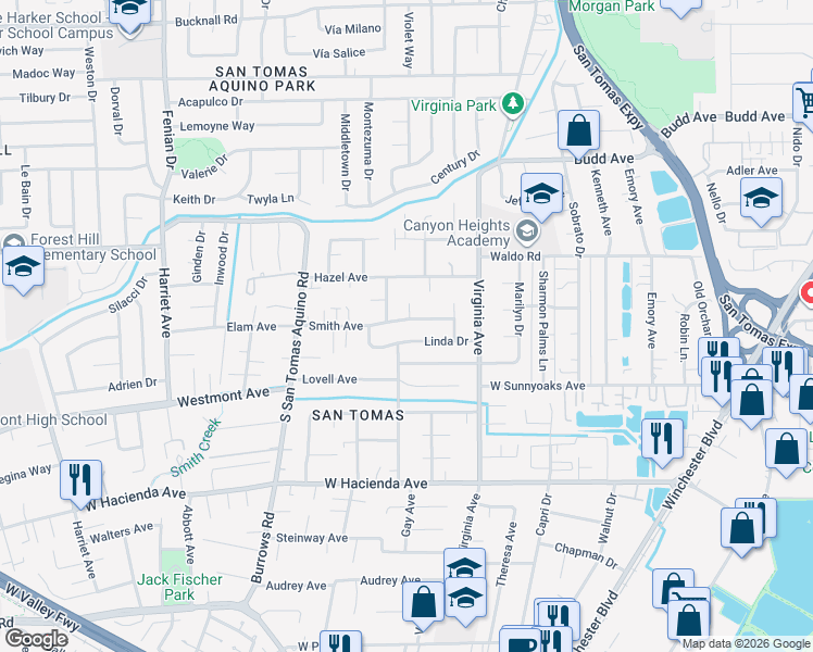 map of restaurants, bars, coffee shops, grocery stores, and more near 1010 Linda Drive in Campbell