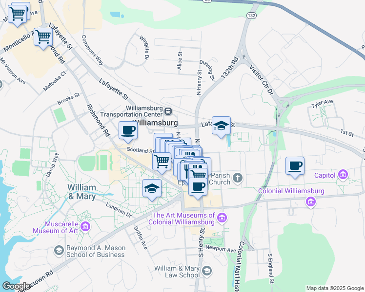 map of restaurants, bars, coffee shops, grocery stores, and more near 432 Scotland Street in Williamsburg