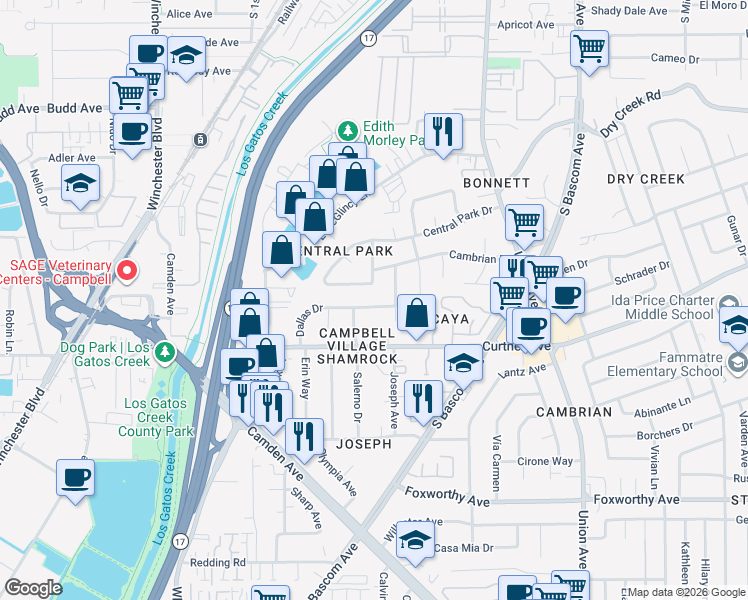 map of restaurants, bars, coffee shops, grocery stores, and more near 481 Dallas Drive in Campbell