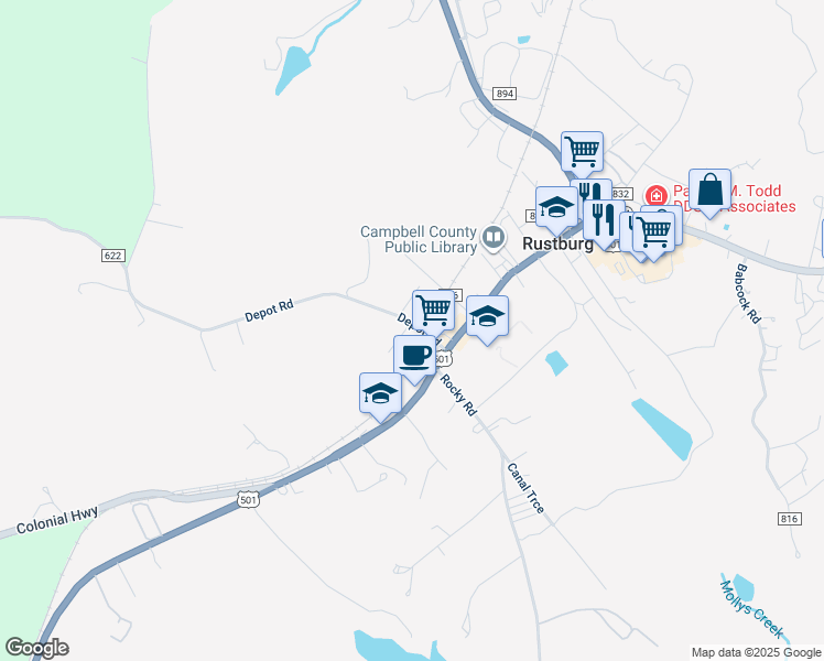 map of restaurants, bars, coffee shops, grocery stores, and more near 94 Depot Road in Rustburg