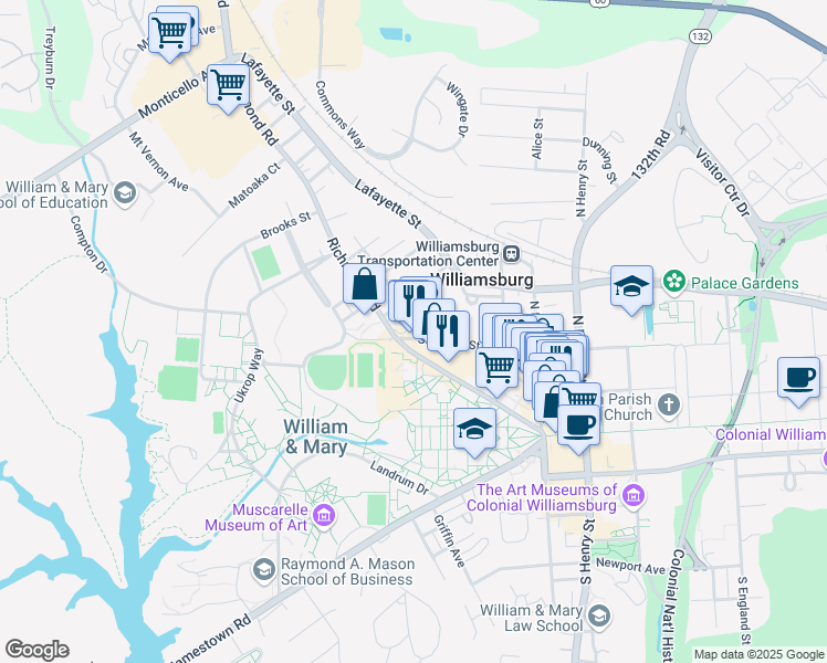 map of restaurants, bars, coffee shops, grocery stores, and more near 372-398 Richmond Road in Williamsburg