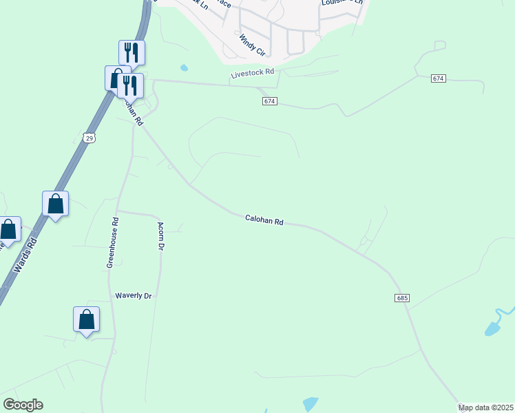 map of restaurants, bars, coffee shops, grocery stores, and more near 1169 Calohan Road in Rustburg