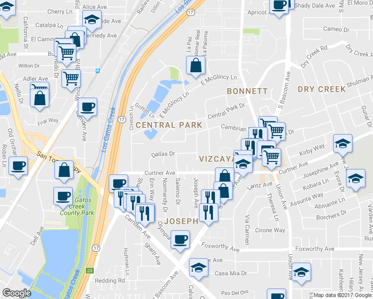 map of restaurants, bars, coffee shops, grocery stores, and more near 481 Dallas Drive in Campbell