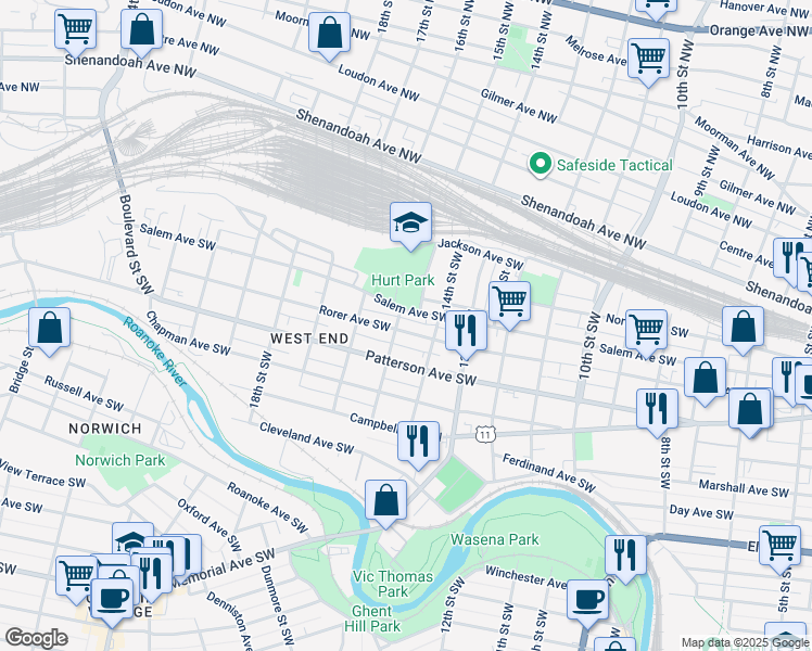 map of restaurants, bars, coffee shops, grocery stores, and more near 1425 Rorer Avenue Southwest in Roanoke