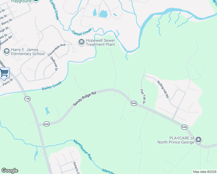 map of restaurants, bars, coffee shops, grocery stores, and more near 7100 Sandy Ridge Road in Hopewell