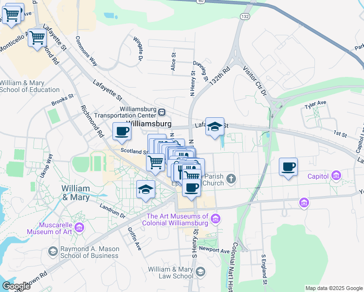 map of restaurants, bars, coffee shops, grocery stores, and more near 421 Scotland Street in Williamsburg