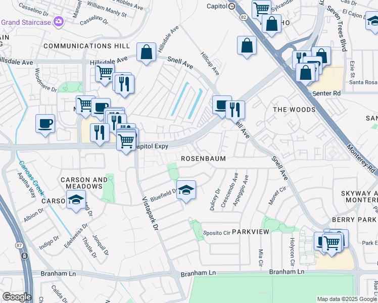 map of restaurants, bars, coffee shops, grocery stores, and more near 293 Coty Way in San Jose