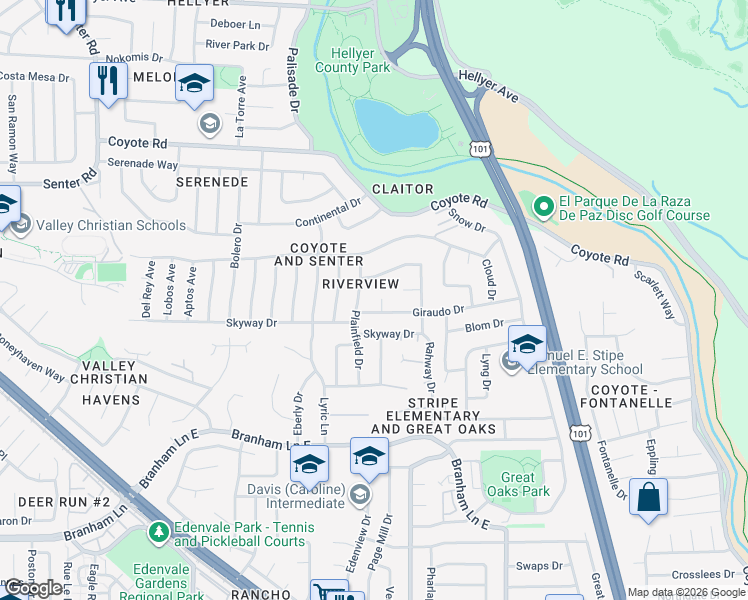map of restaurants, bars, coffee shops, grocery stores, and more near 560 Giraudo Drive in San Jose
